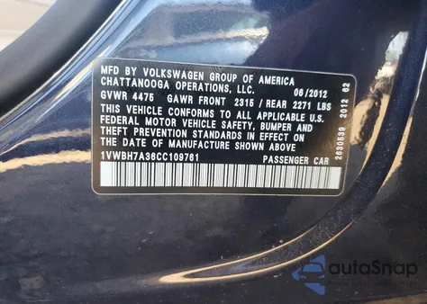 2012 Volkswagen Passat Se from USA, damaged, VIN 1VWBH7A36CC109761